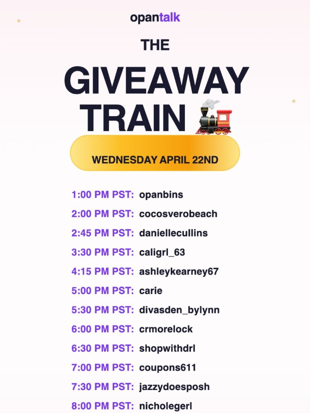 Opan Talk Giveaway Train